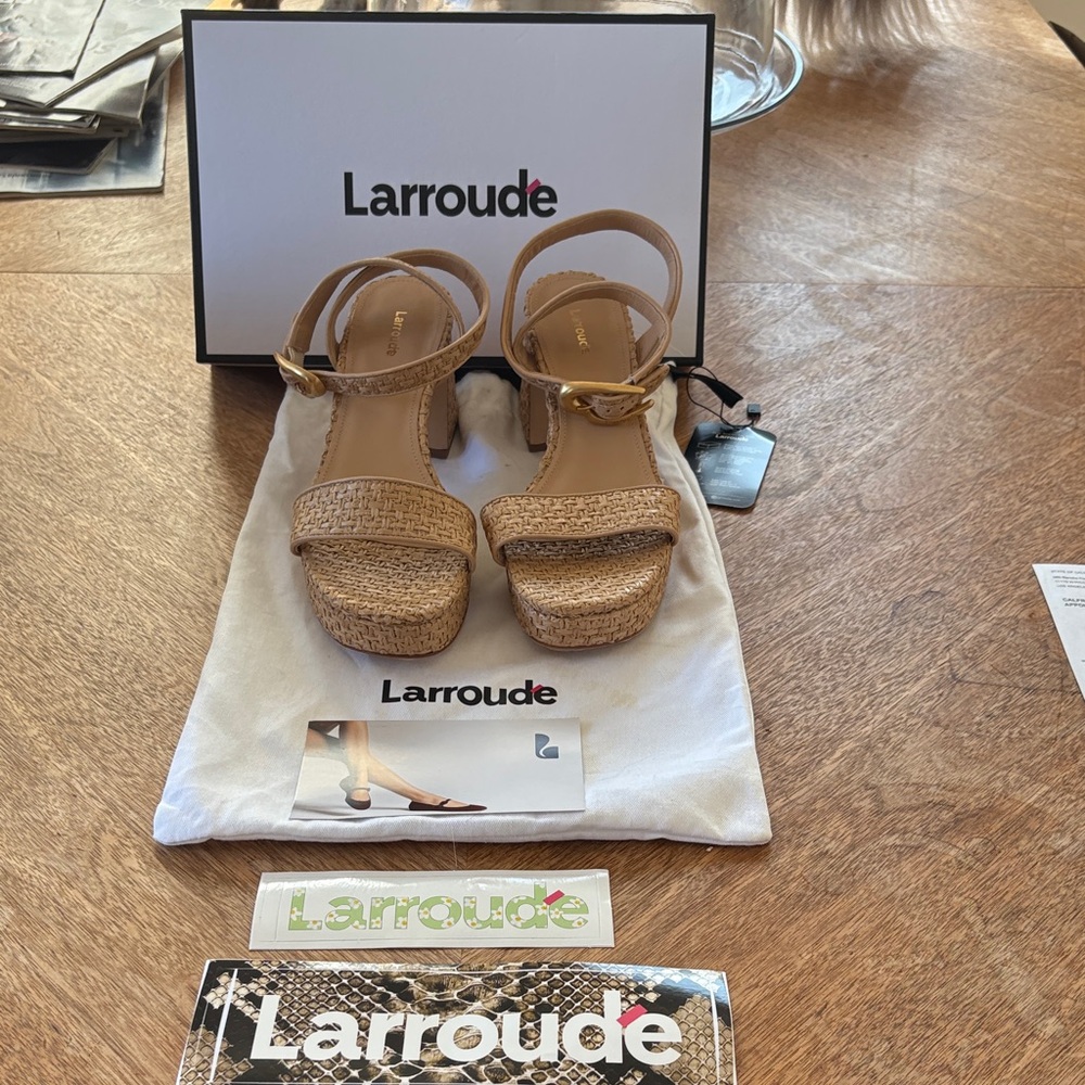Larroude Tan Woven Platform Sandals with Ankle Strap SIZE 9.5